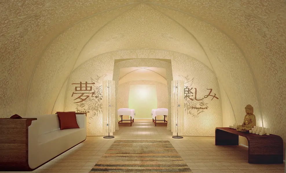 Spa interior within a Geolodge tented module at dusk