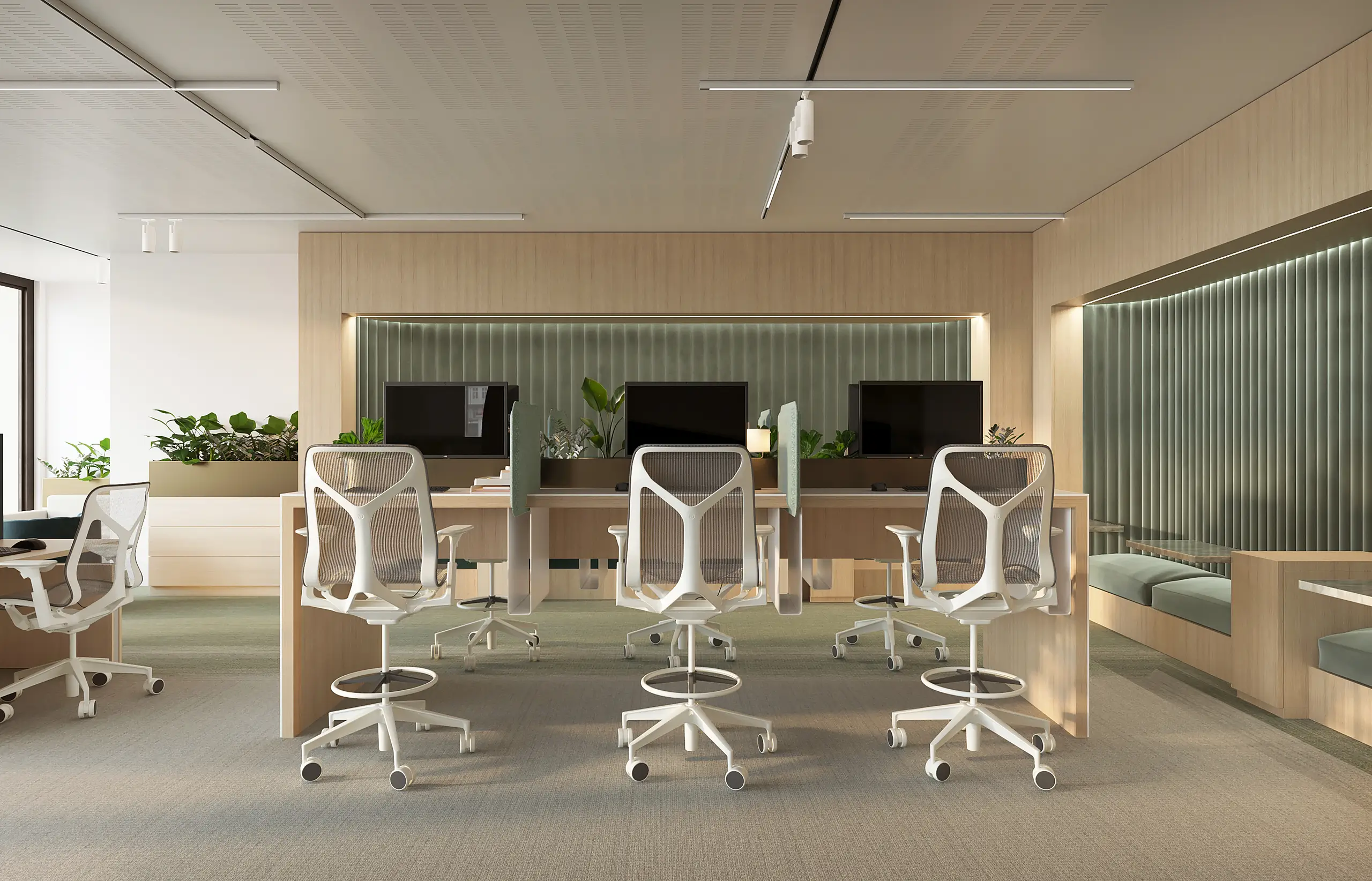 Open-plan work area with collaborative tables, acoustic seating and focused workstations beneath warm timber ceilings