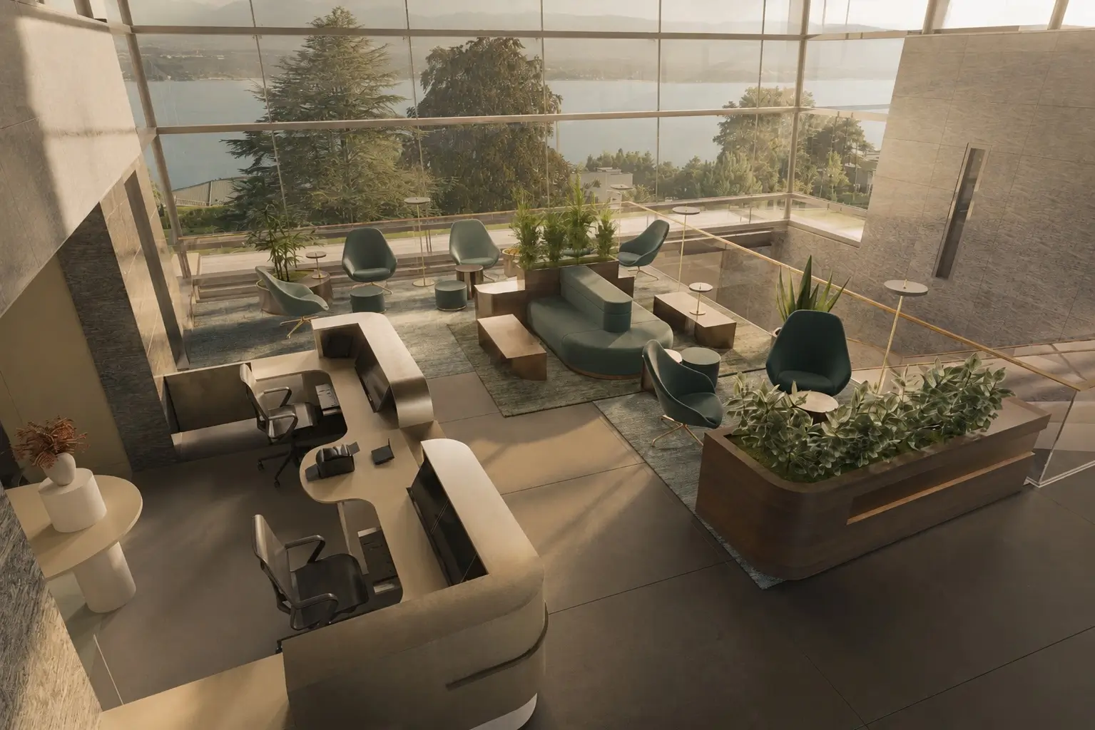 Elevated view across the reception and arrival level toward the open workspace beyond