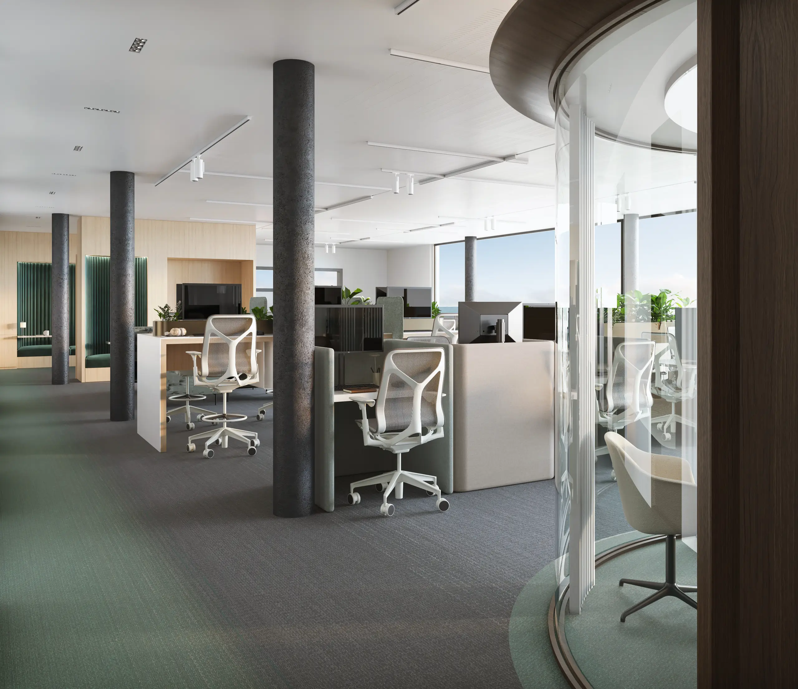 Agile open work setting mixing standing desks, lounge seating and integrated planting