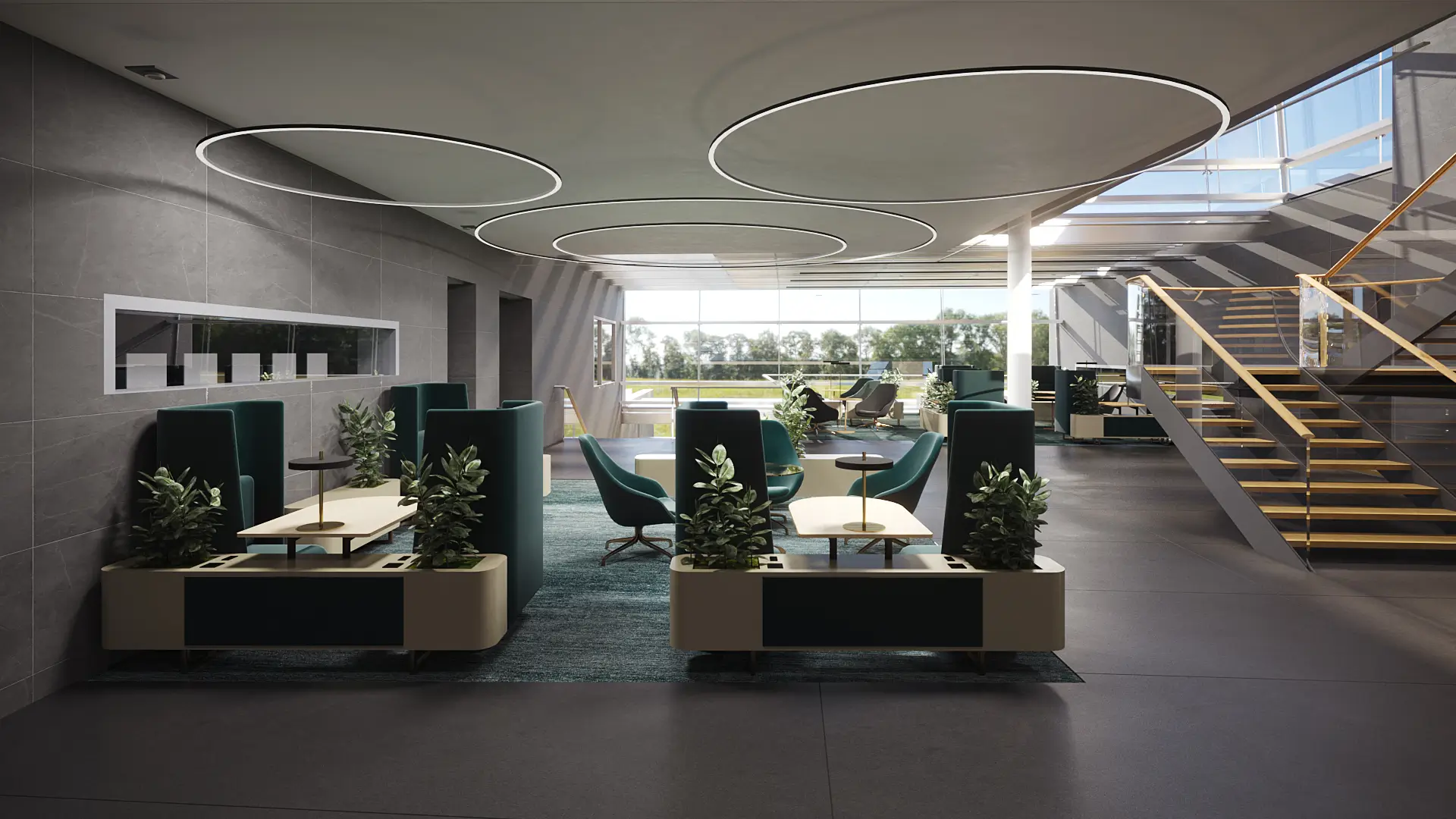 Atrium Community Hub with flexible seating, project showcases and digital interfaces